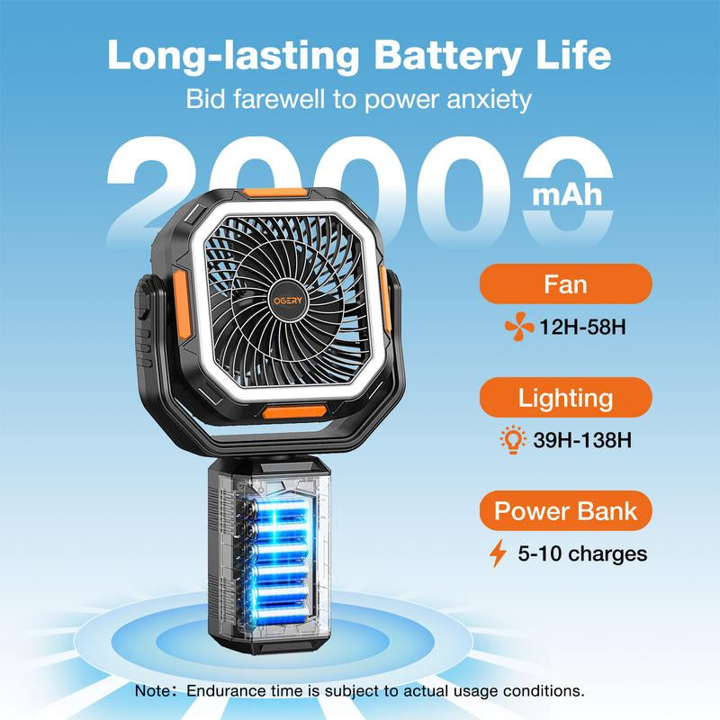 OGERY Camping Fan with Detachable Tripod, 20000Mah Rechargeable Fan with LED Lights & 270° Pivot,4 in 1 Cordless Camping Fan, Remote Control Shaking Head Desk Fan for Camping Tent Travel Bedroom Portable Motor