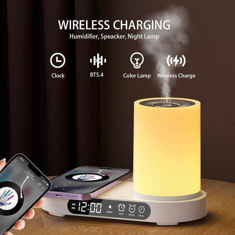 Multifunctional Aromatherapy Diffuser with Wireless Charging, Bluetooth Speaker, Humidifier, Night Light & Clock Features - Modern Design for Home Use