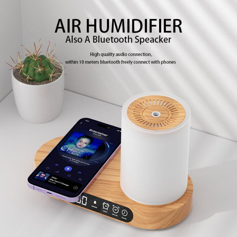 Multifunctional Aromatherapy Diffuser with Wireless Charging, Bluetooth Speaker, Humidifier, Night Light & Clock Features - Modern Design for Home Use