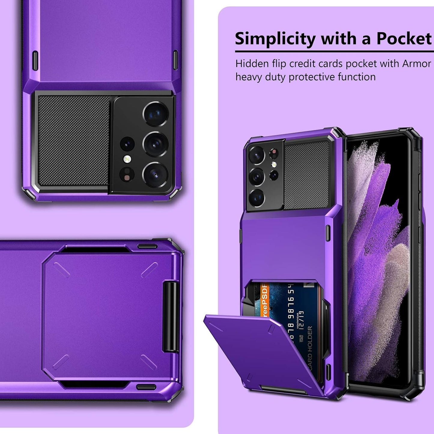 Samsung Galaxy S21 Ultra Shockproof Purple Wallet Case - Stylish and Functional Card Holder