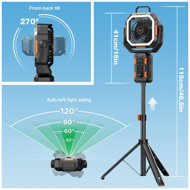 OGERY Camping Fan with Detachable Tripod, 20000Mah Rechargeable Fan with LED Lights & 270° Pivot,4 in 1 Cordless Camping Fan, Remote Control Shaking Head Desk Fan for Camping Tent Travel Bedroom Portable Motor