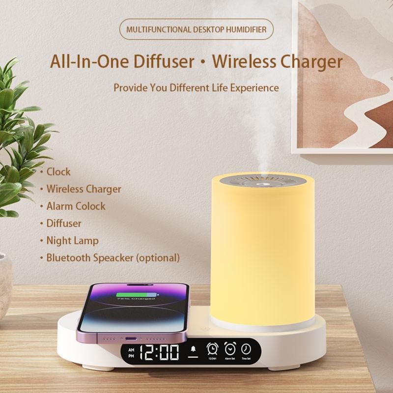 Multifunctional Aromatherapy Diffuser with Wireless Charging, Bluetooth Speaker, Humidifier, Night Light & Clock Features - Modern Design for Home Use