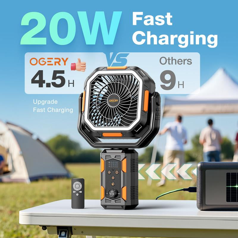 OGERY Camping Fan with Detachable Tripod, 20000Mah Rechargeable Fan with LED Lights & 270° Pivot,4 in 1 Cordless Camping Fan, Remote Control Shaking Head Desk Fan for Camping Tent Travel Bedroom Portable Motor