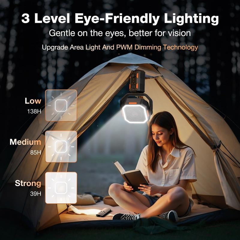 OGERY Camping Fan with Detachable Tripod, 20000Mah Rechargeable Fan with LED Lights & 270° Pivot,4 in 1 Cordless Camping Fan, Remote Control Shaking Head Desk Fan for Camping Tent Travel Bedroom Portable Motor
