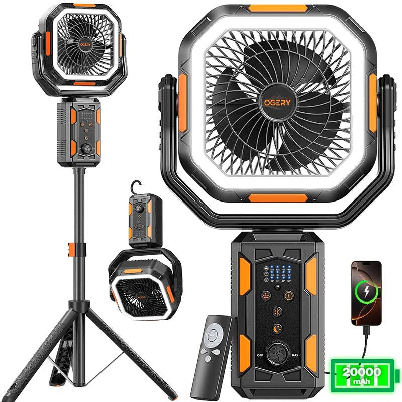OGERY Camping Fan with Detachable Tripod, 20000Mah Rechargeable Fan with LED Lights & 270° Pivot,4 in 1 Cordless Camping Fan, Remote Control Shaking Head Desk Fan for Camping Tent Travel Bedroom Portable Motor