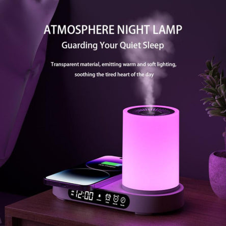 Multifunctional Aromatherapy Diffuser with Wireless Charging, Bluetooth Speaker, Humidifier, Night Light & Clock Features - Modern Design for Home Use