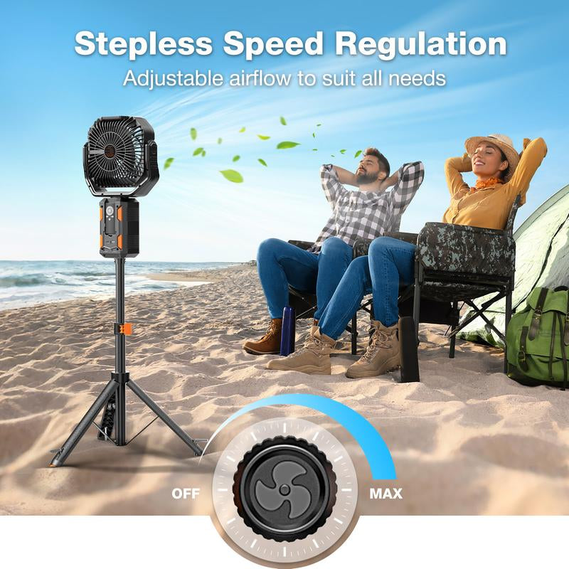 OGERY Camping Fan with Detachable Tripod, 20000Mah Rechargeable Fan with LED Lights & 270° Pivot,4 in 1 Cordless Camping Fan, Remote Control Shaking Head Desk Fan for Camping Tent Travel Bedroom Portable Motor