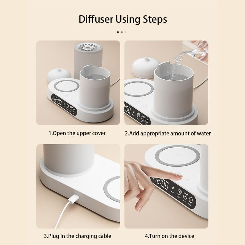 Multifunctional Aromatherapy Diffuser with Wireless Charging, Bluetooth Speaker, Humidifier, Night Light & Clock Features - Modern Design for Home Use