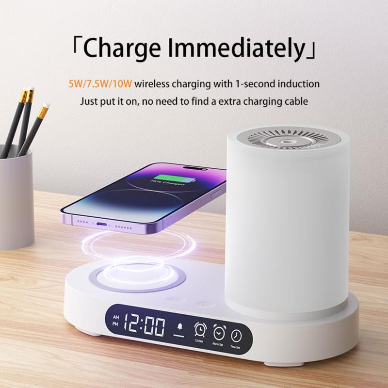 Multifunctional Aromatherapy Diffuser with Wireless Charging, Bluetooth Speaker, Humidifier, Night Light & Clock Features - Modern Design for Home Use