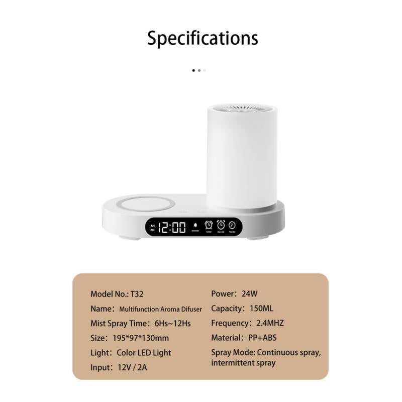 Multifunctional Aromatherapy Diffuser with Wireless Charging, Bluetooth Speaker, Humidifier, Night Light & Clock Features - Modern Design for Home Use
