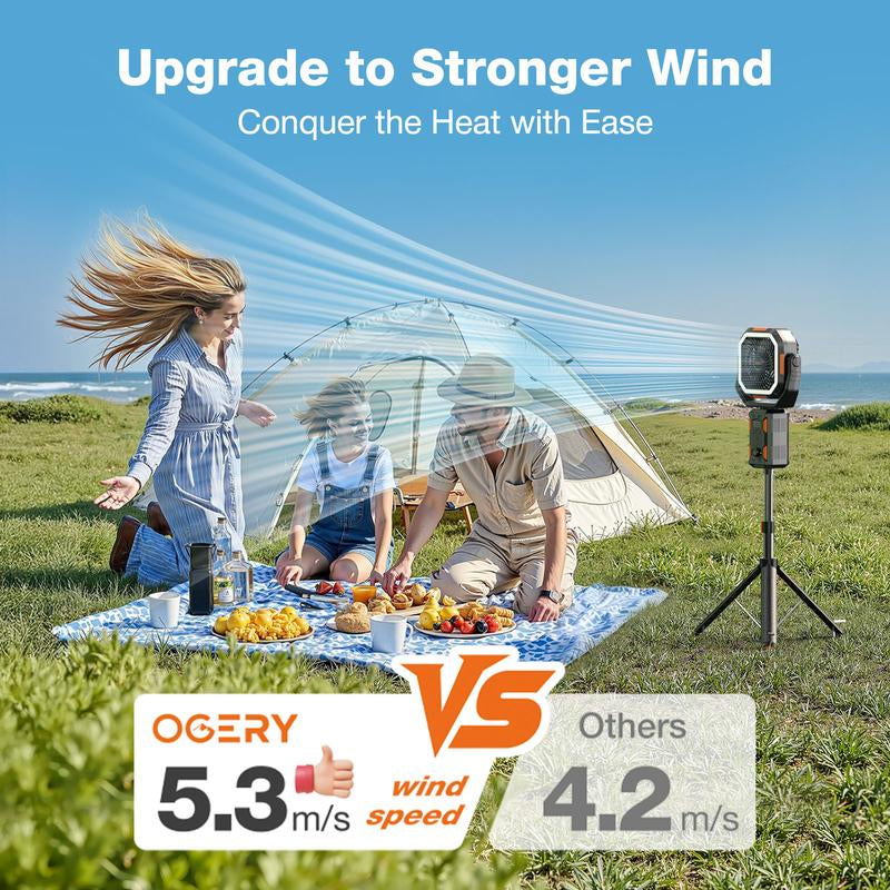 OGERY Camping Fan with Detachable Tripod, 20000Mah Rechargeable Fan with LED Lights & 270° Pivot,4 in 1 Cordless Camping Fan, Remote Control Shaking Head Desk Fan for Camping Tent Travel Bedroom Portable Motor