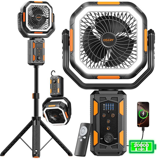 OGERY Camping Fan with Detachable Tripod, 20000Mah Rechargeable Fan with LED Lights & 270° Pivot,4 in 1 Cordless Camping Fan, Remote Control Shaking Head Desk Fan for Camping Tent Travel Bedroom Portable Motor