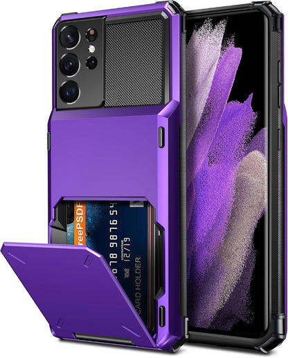 Samsung Galaxy S21 Ultra Shockproof Purple Wallet Case - Stylish and Functional Card Holder