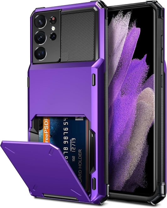 Samsung Galaxy S21 Ultra Shockproof Purple Wallet Case - Stylish and Functional Card Holder