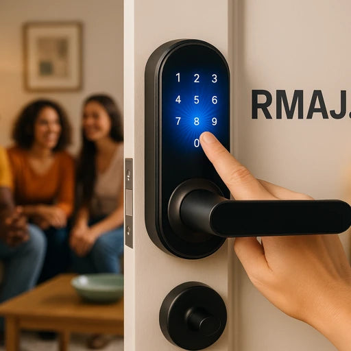 Digital door lock being used with a blurred background of people sitting together.

Details